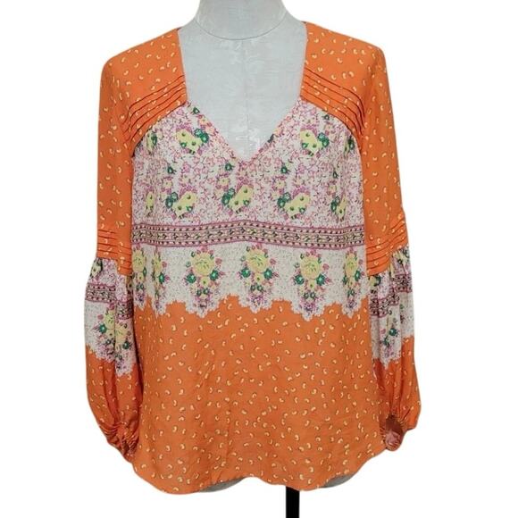 Maeve by Anthropologie Blouse  Orange Floral Sz large Long sleeve Boho cottage - Picture 2 of 8